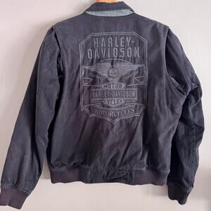 Harley Davidson Reversible Embroidered Canvas Bomber Jacket Black Size Medium